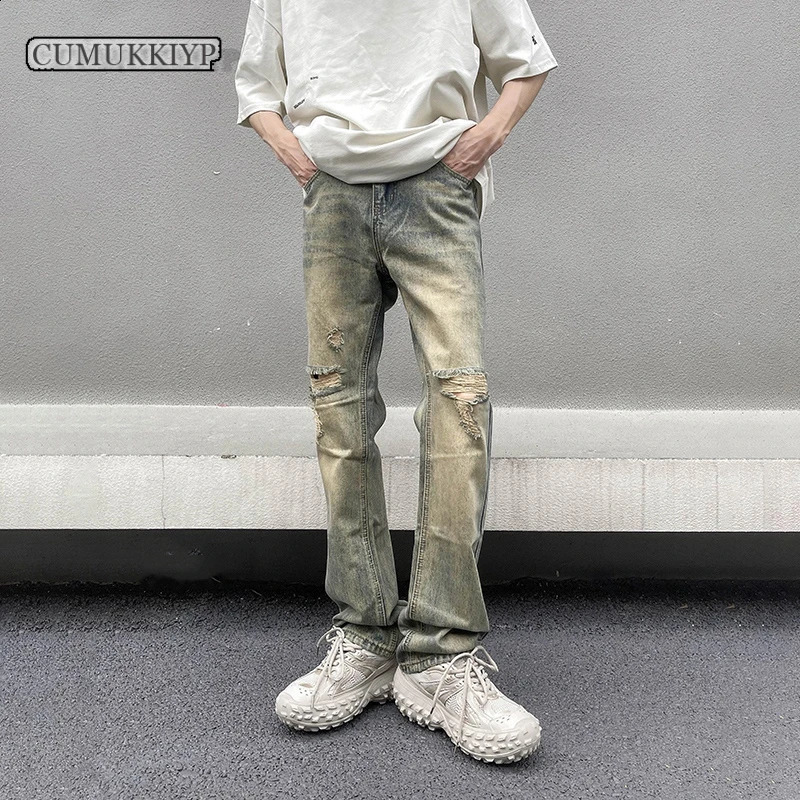 CUMUKKIYP Y2K Mens Jeans Fashion Tear Street Clothing Pocket Wide Leg Denim Pants Cool Wash 240815
