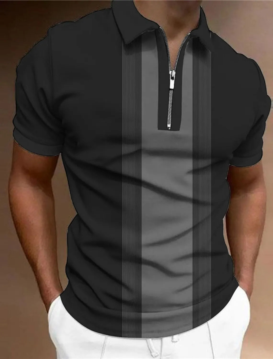 Mens Golf Shirt Summer Tops Daily Short Sleeve Striped Plain Clothing Temperament Flip Collar Zipper T 240815