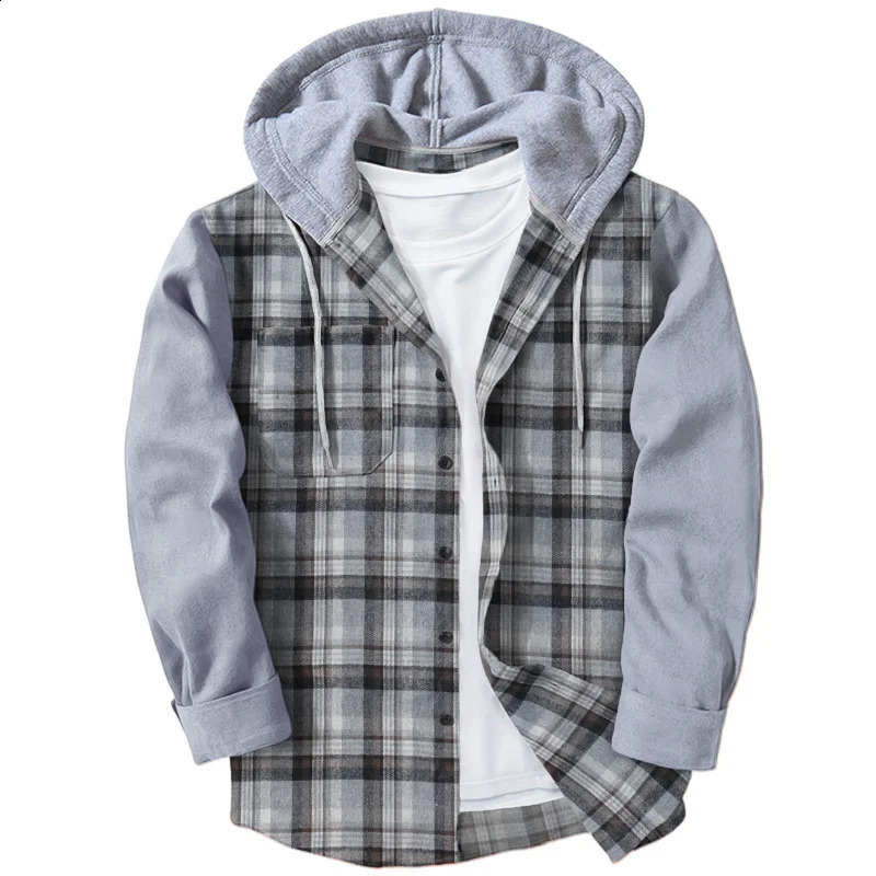 Street clothing summer mens open top hooded striped shirt long sleeved colorful checkered casual clothing spring mens clothing 240815