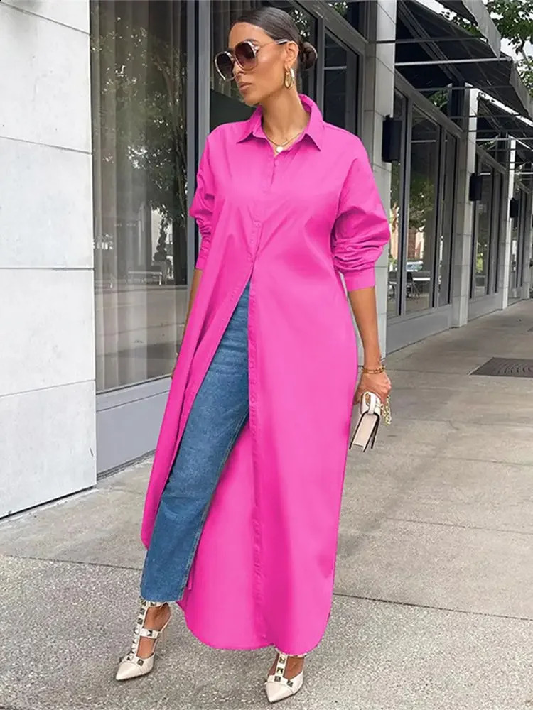 Fashion Casual Long Shirt Women Solid Color Single Breasted Jacket Fashion Elegant Long Dress Shirt Summer Streetwear S-2XL 240815