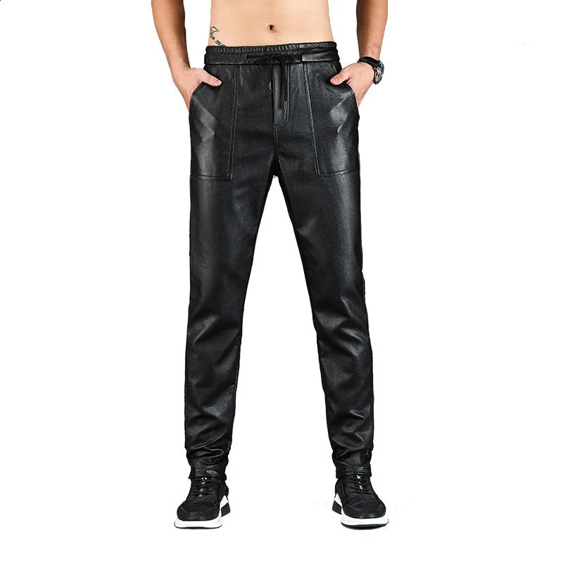 Idopy Mens Spring and Autumn Artificial Leather Harem Pants Stretch Jogging Artificial Leather Waist Pull Rod PU Jogging Mens 240816