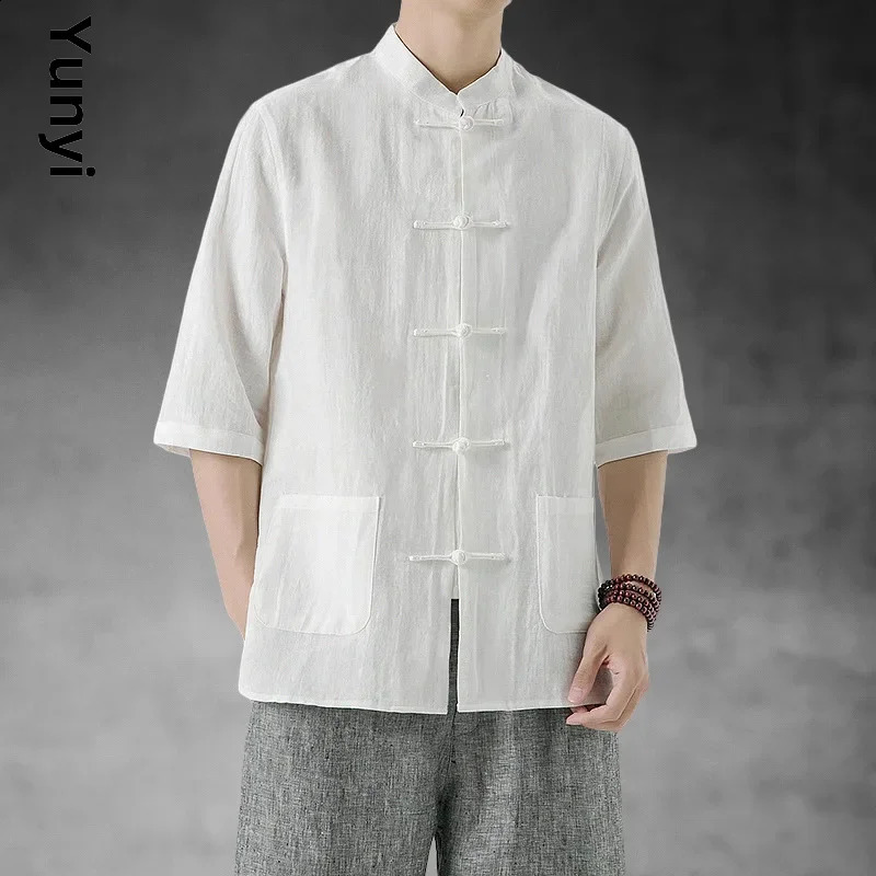 Summer Chinese style linen short sleeved Tang style mens retro shirt breathable thin Hanfu cotton linen casual shirt 240816