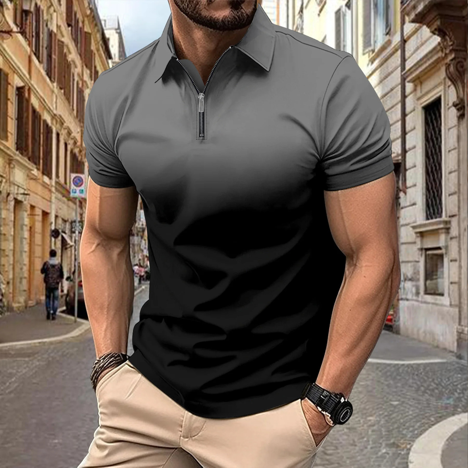 Polo à manches à manches courtes à manches courtes avec des hommes avec col et fermeture à glissière T-shirt d'été à la mode à la mode Top 240816