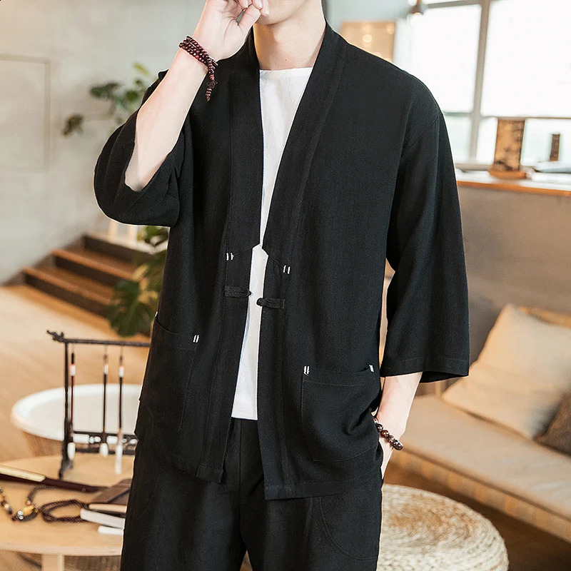 Kimono mens shirt Japanese samurai retro solid color cardigan Chinese style cotton linen Yukata Haori loose mens jacket 240816