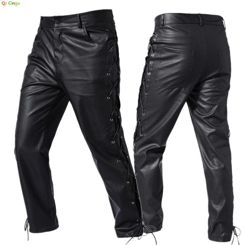 Autumn black PU pants mens bicycle artificial leather Trouser red fashionable casual pants lace decoration on both sides S-4XL 5XL 240816