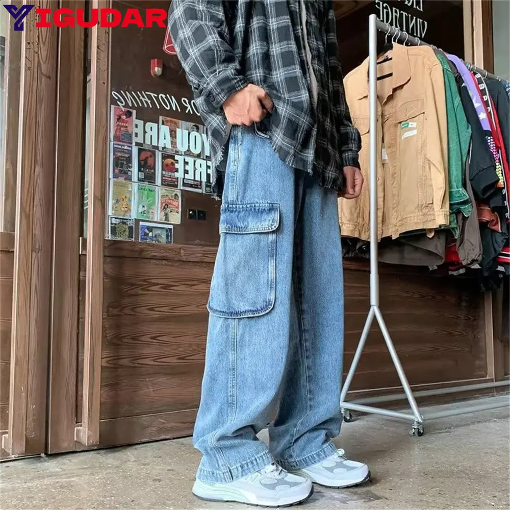 Mens Wide Leg Jeans Hip Hop Casual Mens Straight Pocket Jeans Street Clothing Skateboarding Pants Neutral Trouser Size S-3XL 240815