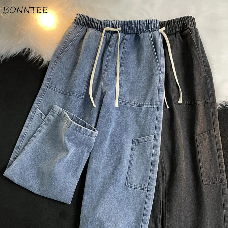 Wide leg jeans mens elastic waist high street wash S-3XL pocket denim Trouser Japanese fashion clothing Vaqueros Y2k 240815