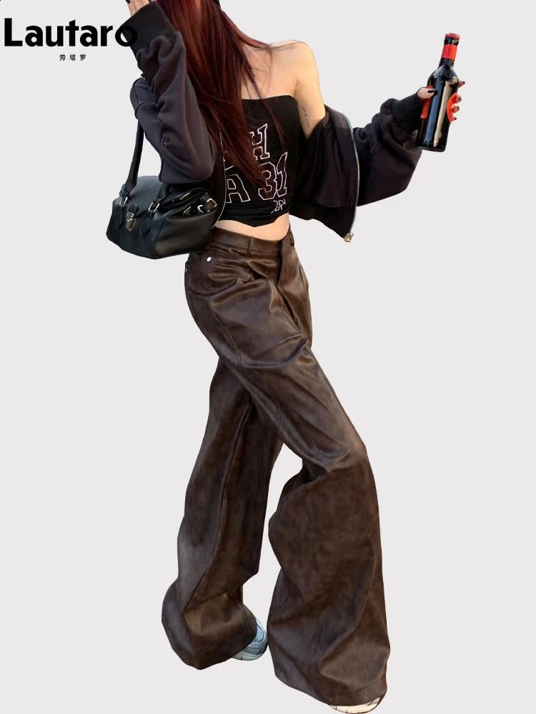 Lautaro Spring Long Loose Casual Soft Distressed Brown Pu Leather Wide Leg Pants for Women High Waist Korean Style Fashion 2024 240815