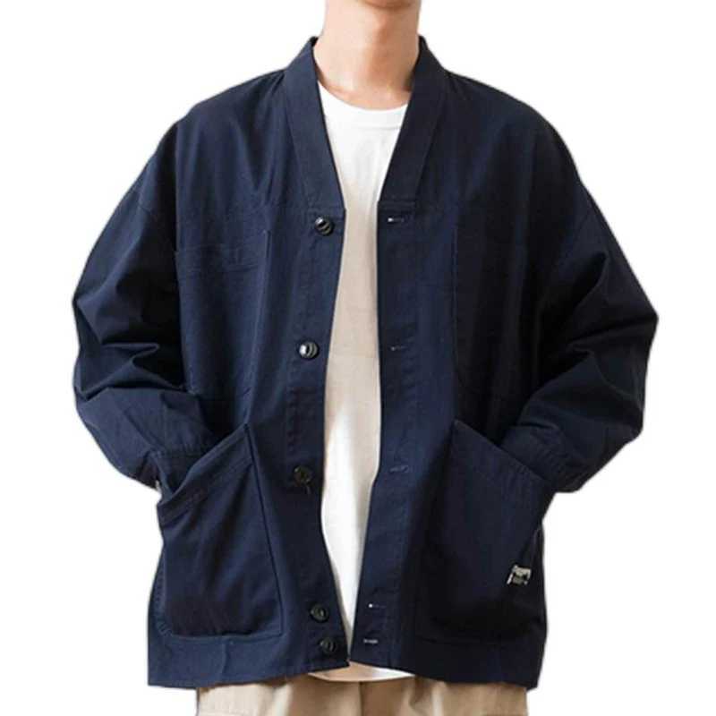 Men's Jackets 100% pure cotton mens lti Poets Chore Jaet Cargo Japanese style lapel V-Ne navy blue casual mens coat for spring and autumn Q2