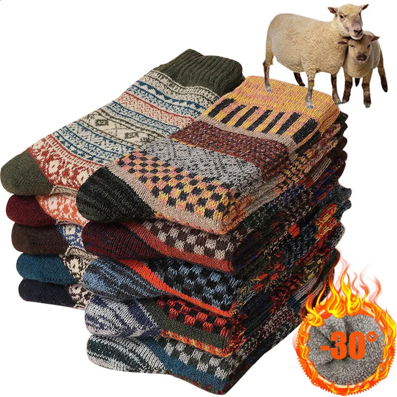 5 pairs of casual autumn and winter mens thick warm socks retro striped high-quality womens socks couple snow boots model 240816