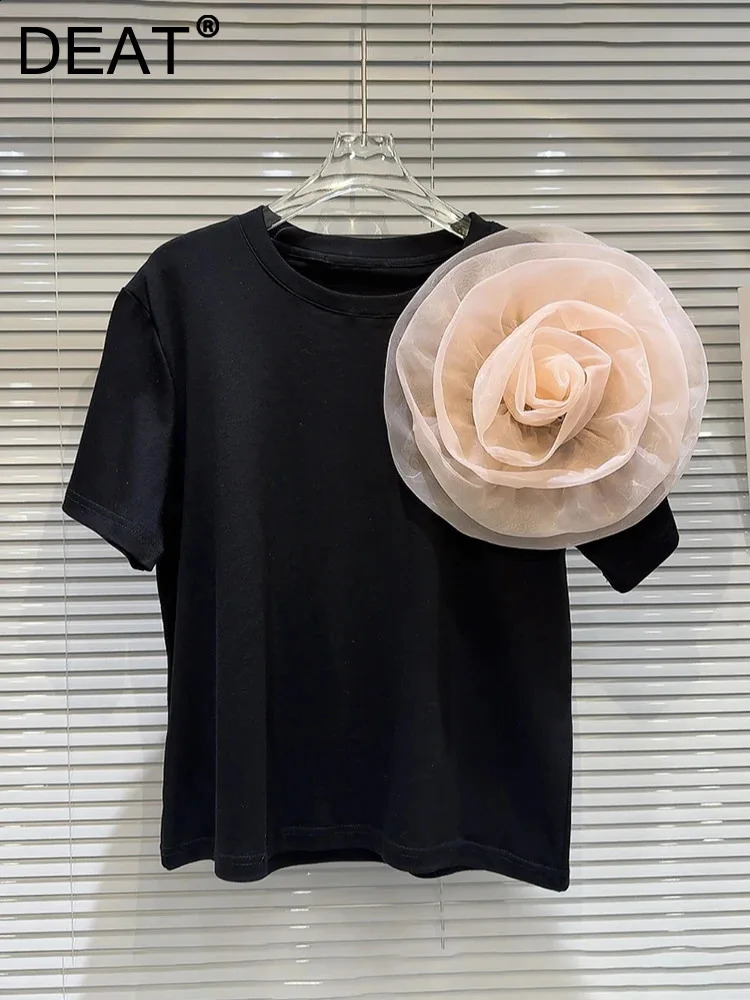 DEAT Fashion Trendy Womens Patchwork 3D Mesh Flower T-shirt 2024 Spring Short Sleeve Round Collar Tops Female 11XX8629 240816