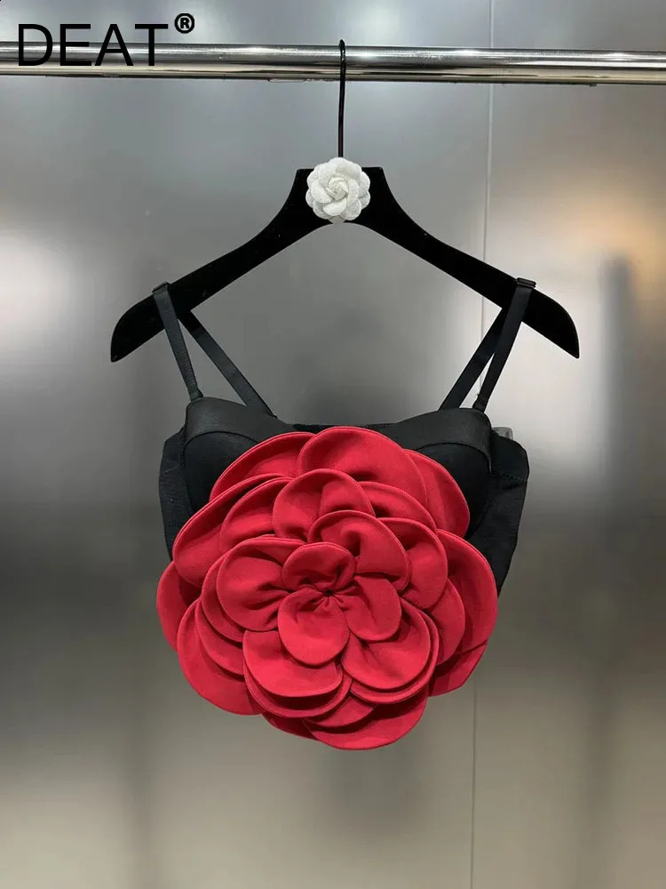 DEAT Trendy Fashion 2024 Spring Womens Contact Color 3D Flower Sling Vest Elatic Backless Camisole Female Items 33A1164 240816