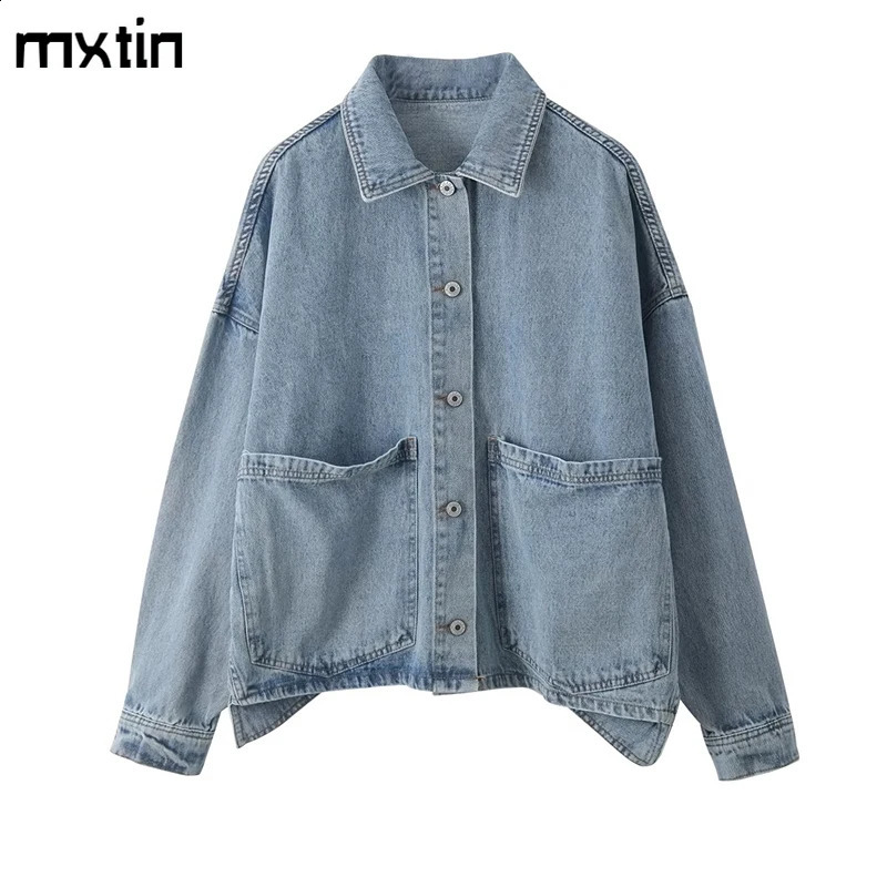 Womens Jacket Autumn Vintage Oversize Blue Denim Coat Fashion Spring Pockets Office Ladies Casual Overcoat Female Clothing Tops 240815Z