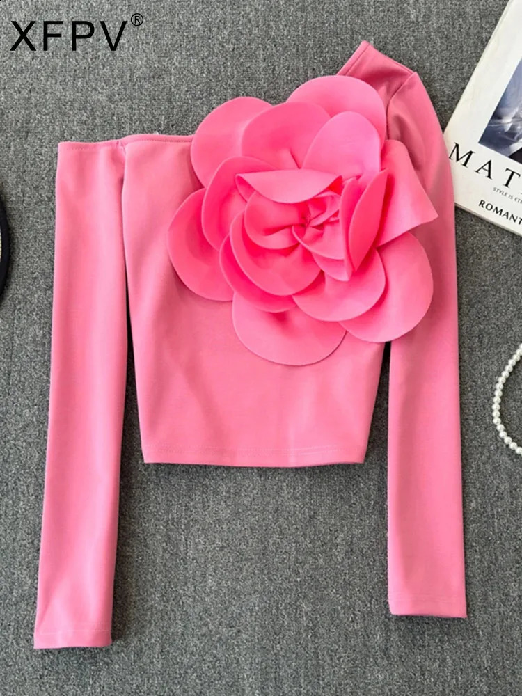 XFPV Sweet 3D Flower Diagonal Collar Single Shoulder Solid Color Long Sleeve Womens Fashion Spring/Summer 2024 SM11158 240816