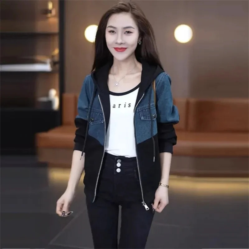 Splicing Short Denim Jacket Womens 2024 Spring And Autumn Coat Korean Fashion Loose Casual Joker Hooded Top 240815