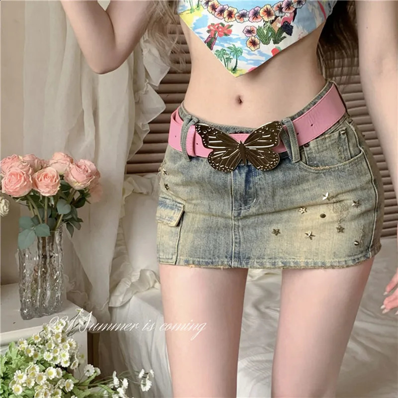 STSVZORR Y2K Retro Willow Nail Heavy Industrial Denim Leather Womens Summer Low Waist Sexy Wrap Hip Short Sleeve 240816