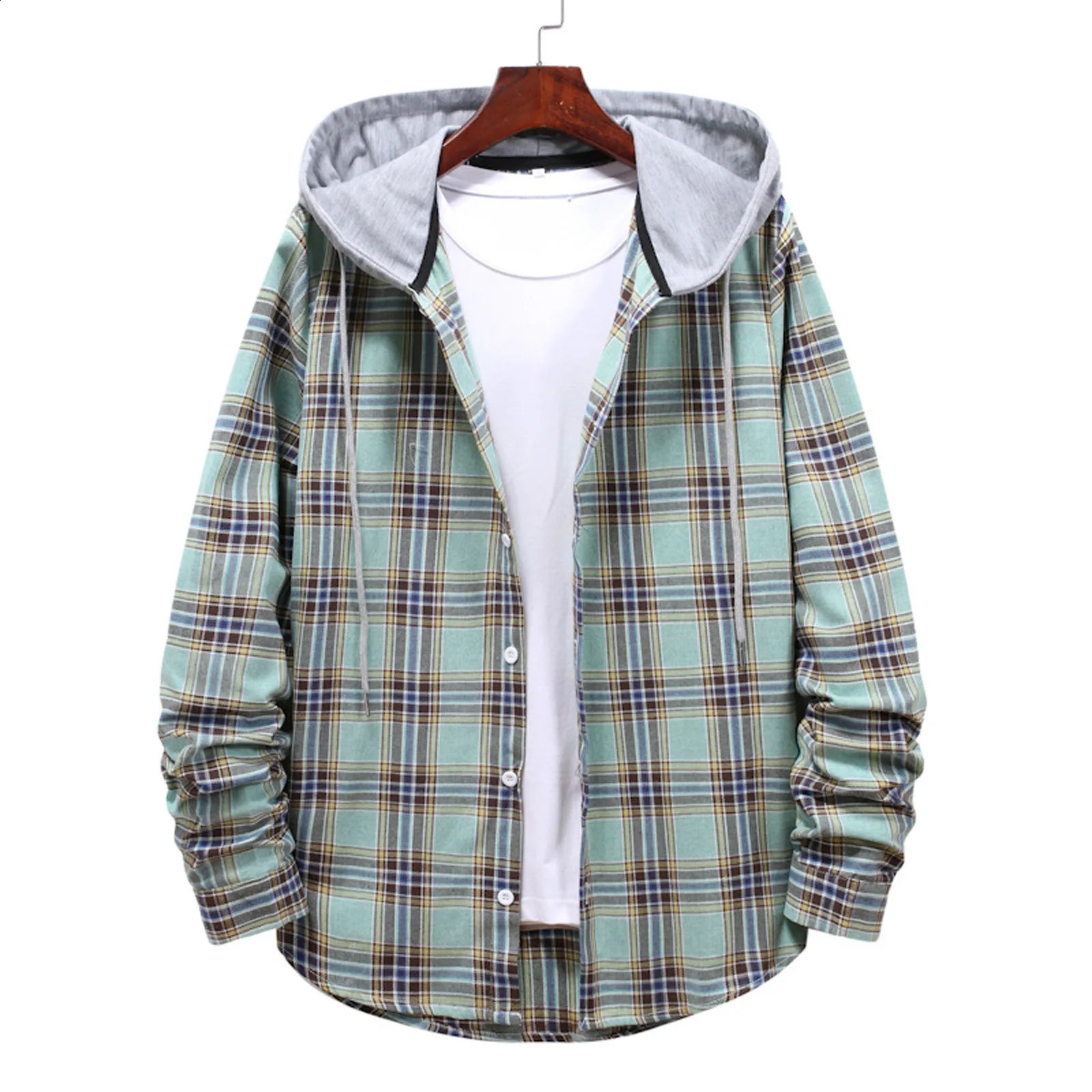 Mens casual plain weave shirt hooded sweatshirt oversized casual shirt mens clothing European and American style handsome holiday plaid shirt 240815
