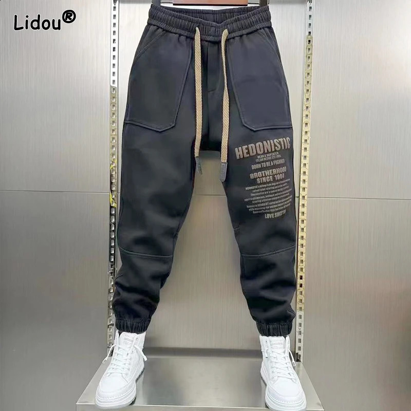 2023 Spring and Autumn Trend High Waist Lace Up Letter Printing Pocket Solid Casual Loose Oversized Mens Versatile Guard Pants 240815