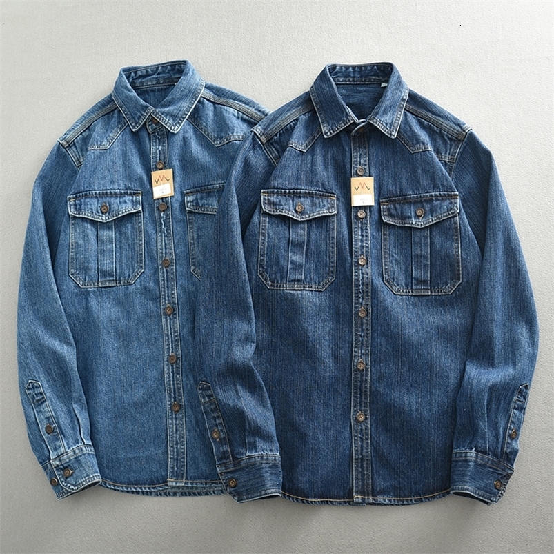 16oz Heavyweight Retro Casual Wear Mens Shirt Coat Washed Denim Blouse Cargo Jeans Oversized Tops Wear-resistant Clothing Loose 240815