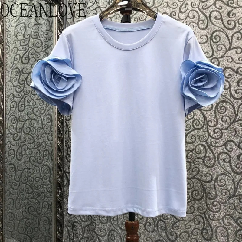 OceanLOVE Ruffle Womens Solid Spring Summer Retro Ropa De Mujer Korean Fashion Elegant Simple Sweet T-shirt 240816