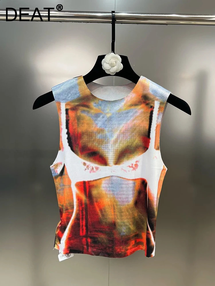 DEAT Tie Dye Print Pattern Personality Elastic Pleated Vest Womens Sleeveless Slim Streetwear Tops Female 2024 Summer 11XX3188 240816