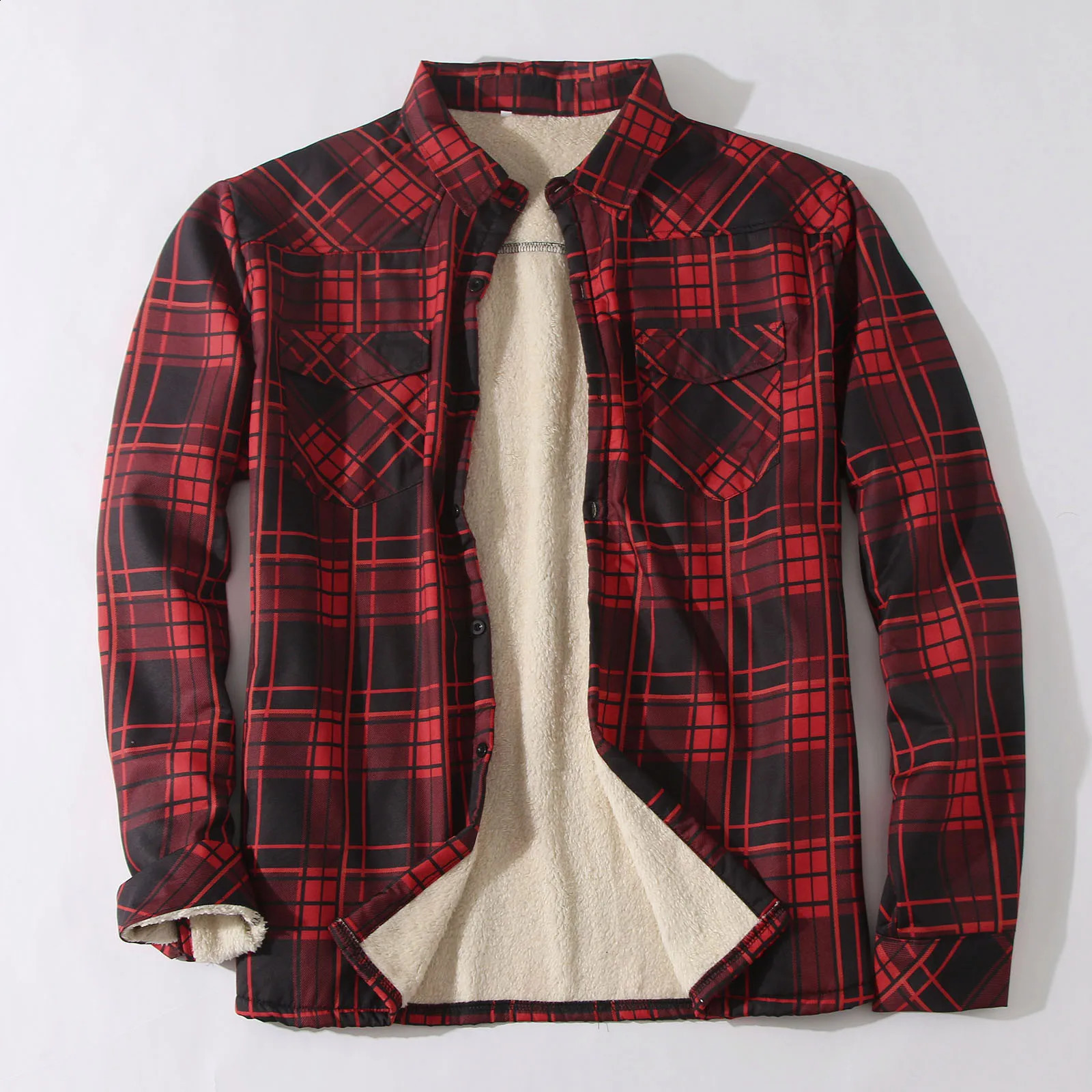 Plaid Plus wool jacket mens winter streetwear collar button thick shirt jacket mens casual high-quality jacket 240815