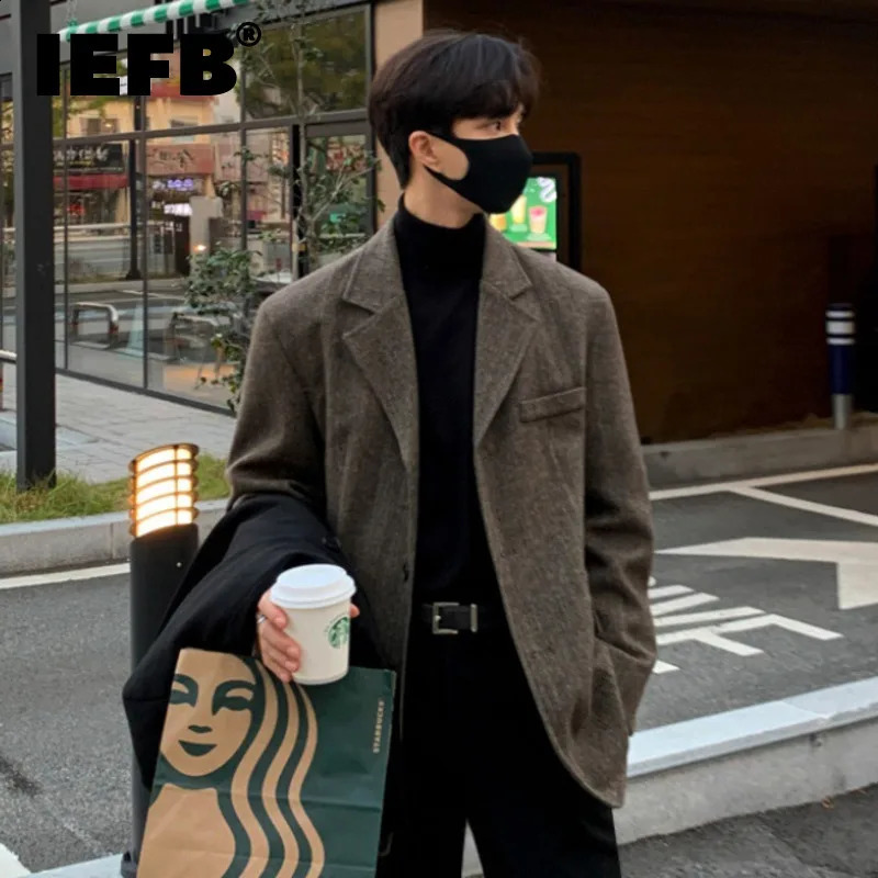 IEFB Autumn Winter Woolen Suit Coat Trend Mens Korean Fashion Loose Pure Cotton Thickened Blazers Handsome Male Clothing 9A6057 240815