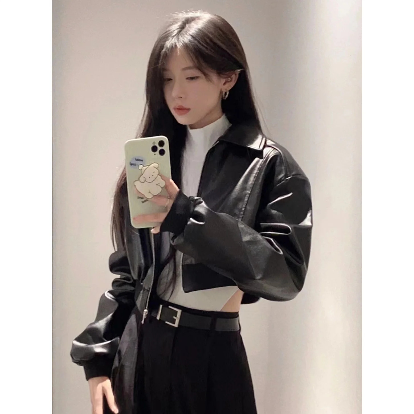 American Retro Street Black PU Leather Jacket Women Tops Spring and Autumn Fashion Loose Casual Short Coat Women Clothing 240815