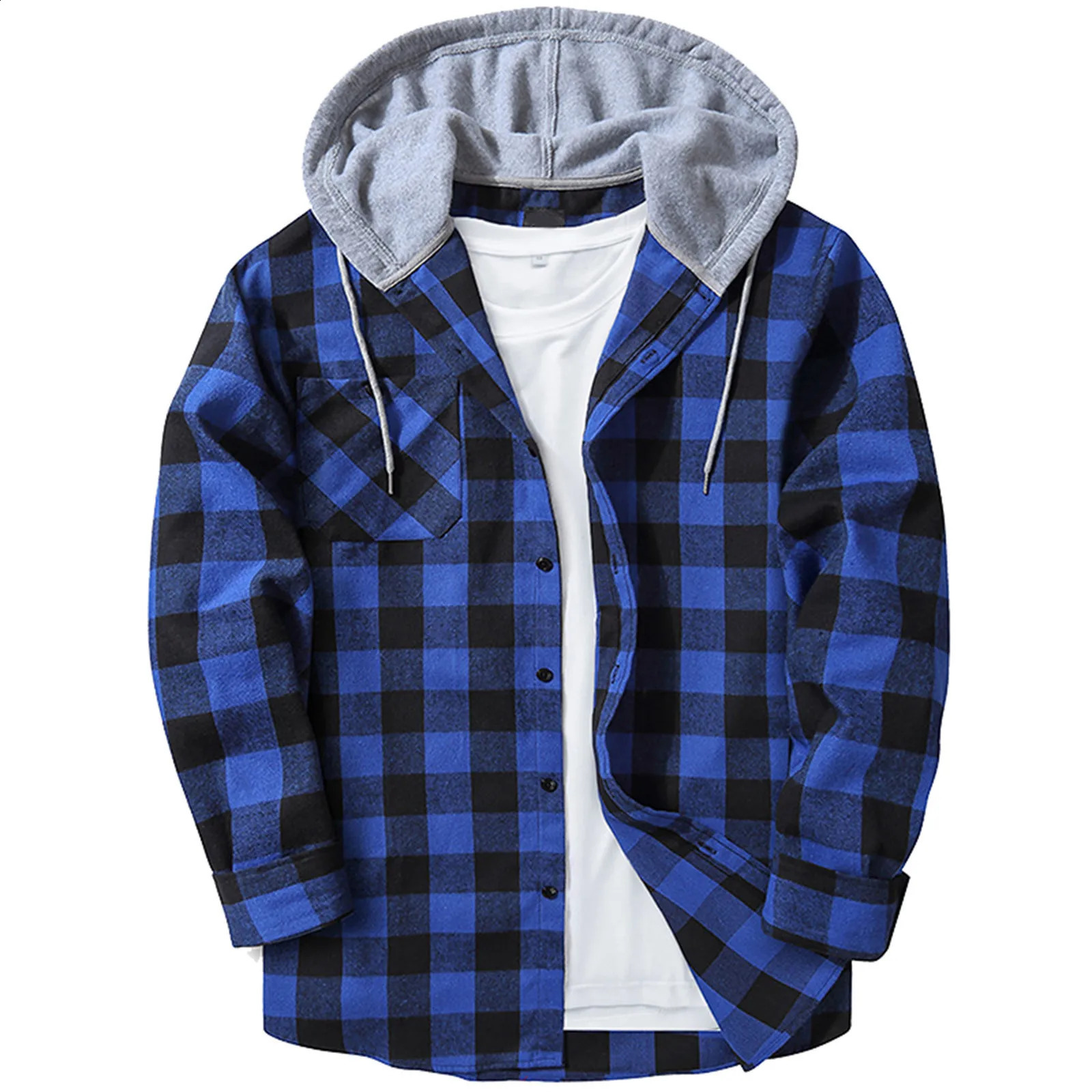 Hooded Shirts Mens Open Front Long Sleeve Shirt Mens Flannel Warm Shirt Spring Autumn Mens Shirt Ropa De Hombre 240828
