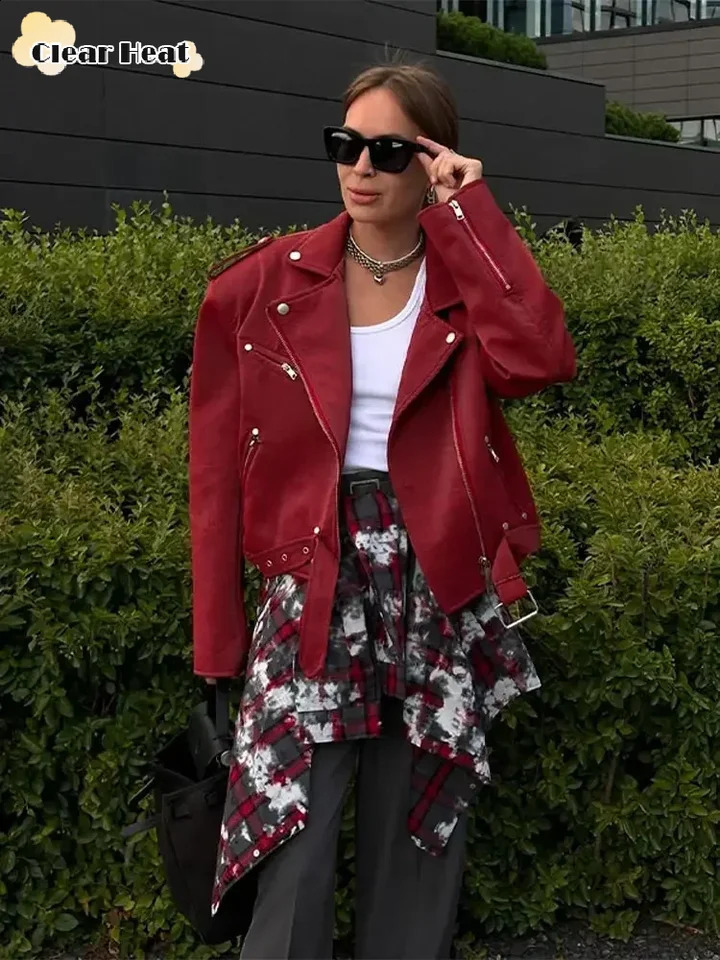 Fashionable red Pu leather zipper jacket for women long sleeved with bomber jacket 2024 womens fashionable street jacket 240815