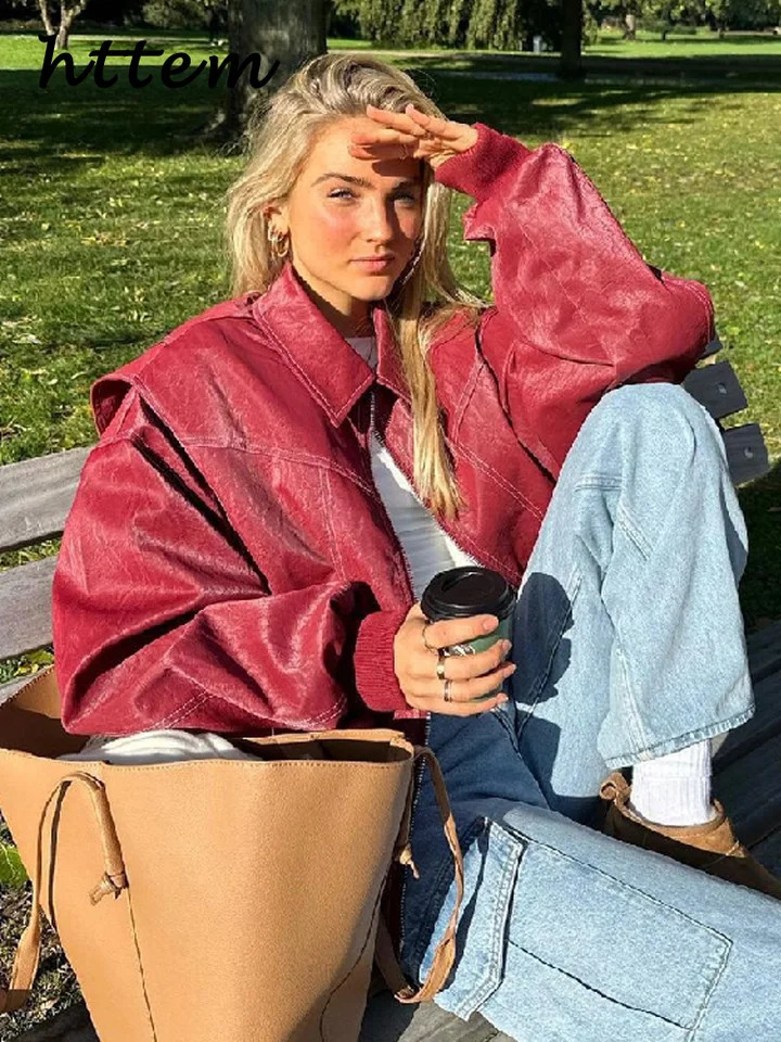 Fashion Splicing Leather Bomber Jacket Womens Loose Collar Long Sleeve Pocket Zipper Jacket 2024 Autumn Womens Street Jacket 240815