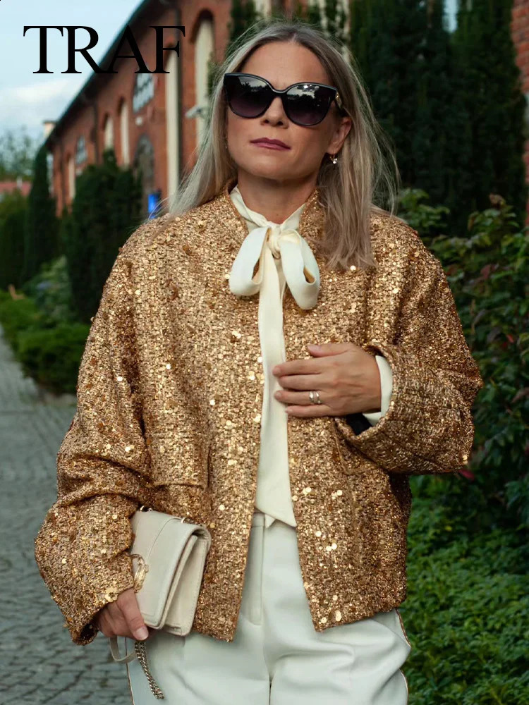 Traf Autumn Womens grande veste de paillettes dorées avec fermeture à glissière