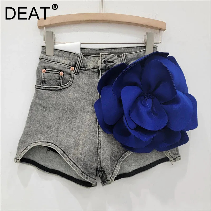 DEAT 3D Flower Fashion Edition Womens Denim Shorts 2024 Summer High Waist Wide Leg Shorts 11A0357 240816