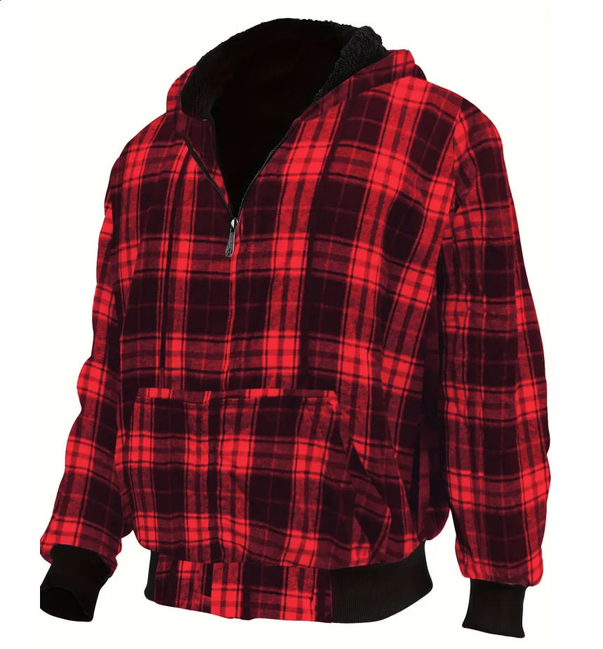 Mens long sleeved zipper flannel shirt jacket with hoodie winter warm sportswear mens clothing jacket 240815