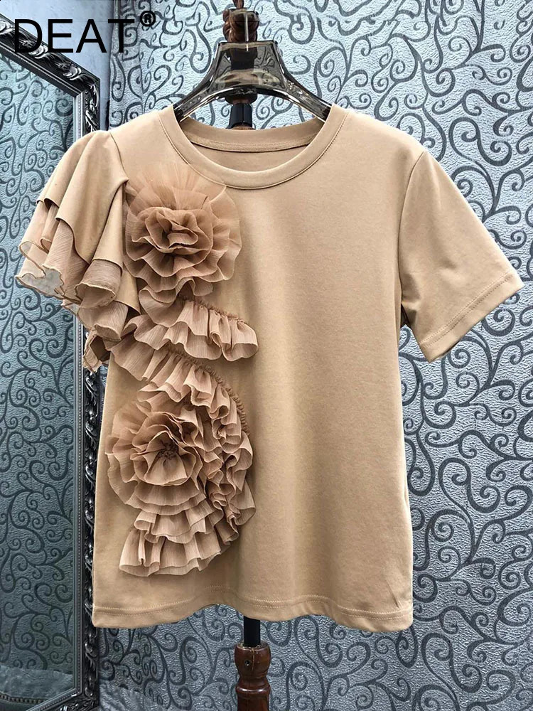 DEAT Fashion Womens 3D Flower Wrinkled Edge Short Sleeves T-shirt 2024 Spring O-neck Solid Color Tops Female 11XX8831 240816