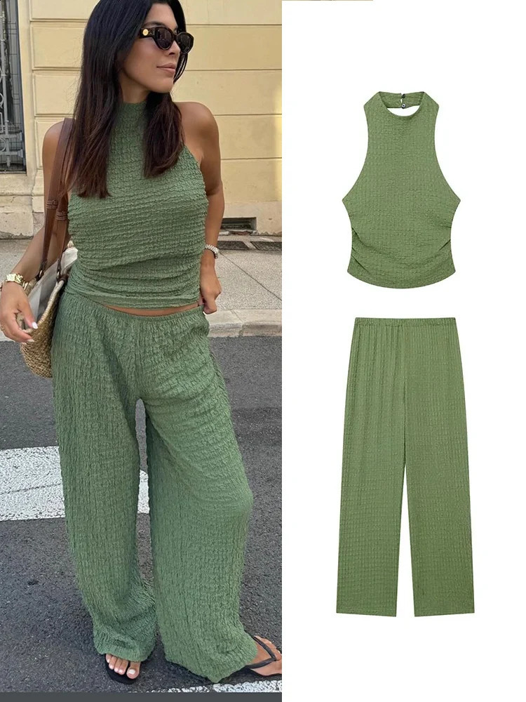 Traf deux pièces femmes pantalons plissés costume de mode licou bas sans manches arrière hauts hauts hauts et grandes jambes causales set 240816
