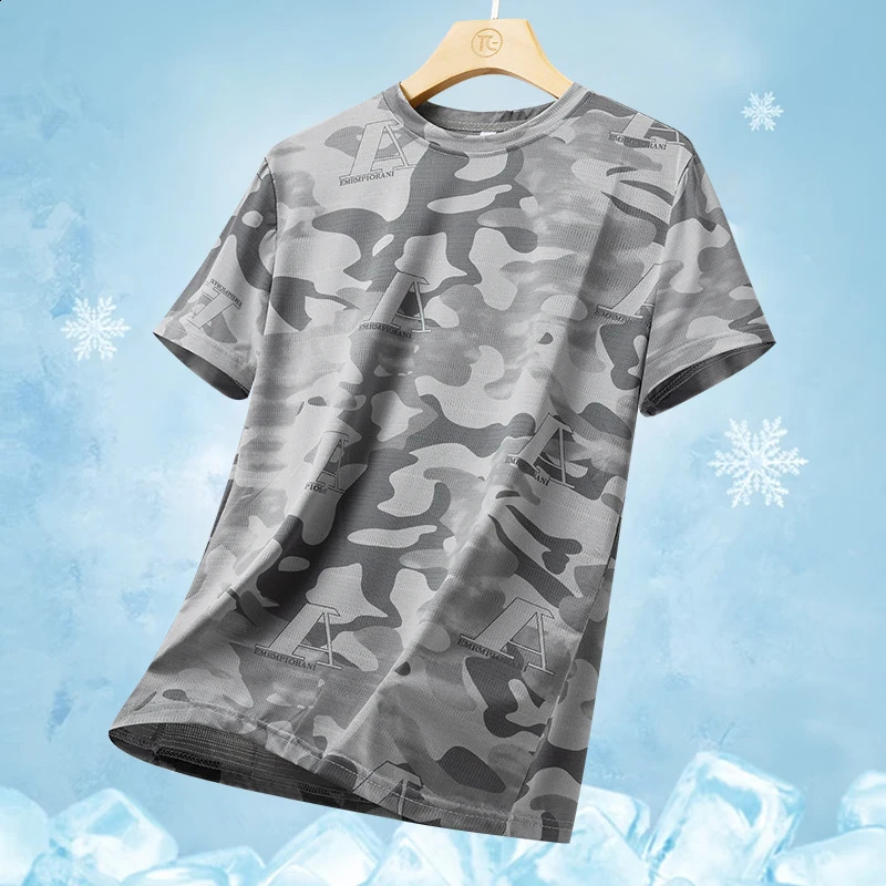 Ice Silk Short Sleeves Mens Summer Thin Sports Top Cool Tshirt Elastic Mesh Breathable Outdoor Quick Drying y240816