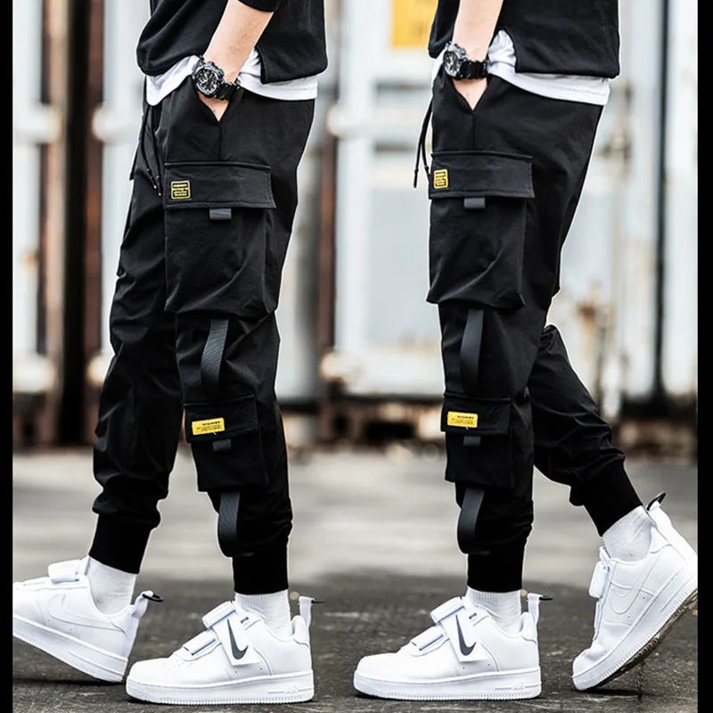 Mens Cargo Pants Casual Hip Hop Hit Color Multiple Pockets Trousers Streetwear Ribbons Techwear Sweatpants 250818