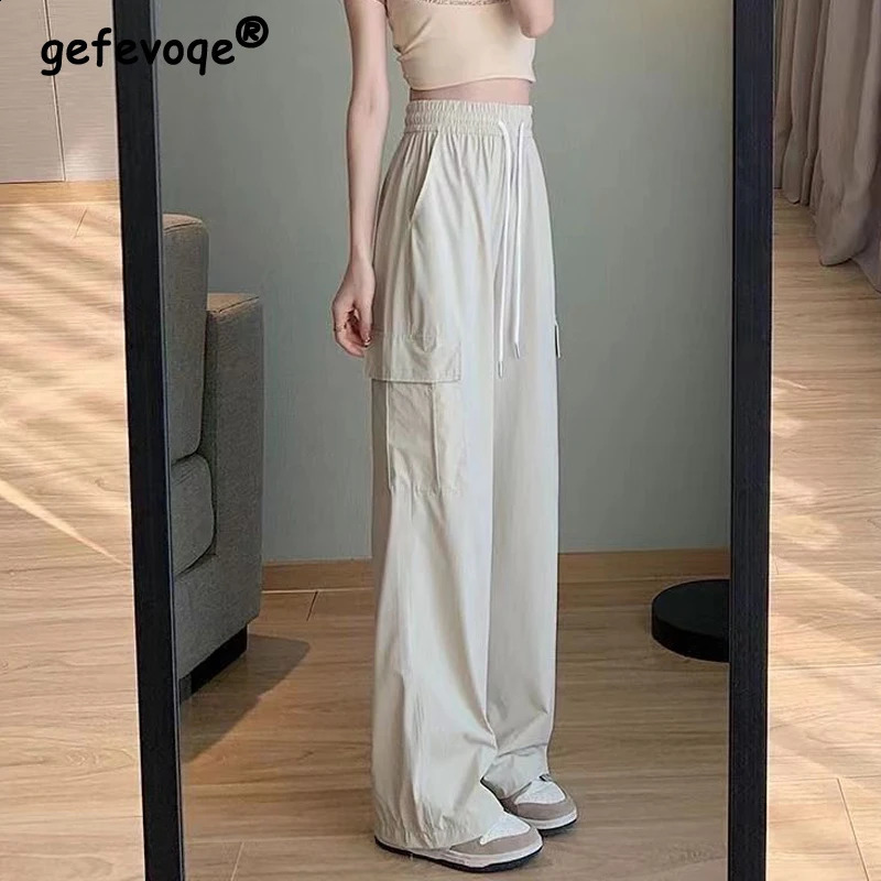 Women Casual Streetwear Wide Leg Straight Cargo Pants Summer Trendy Ice Silk Quick Drying Sports Trousers High Waist Pantalones 240815
