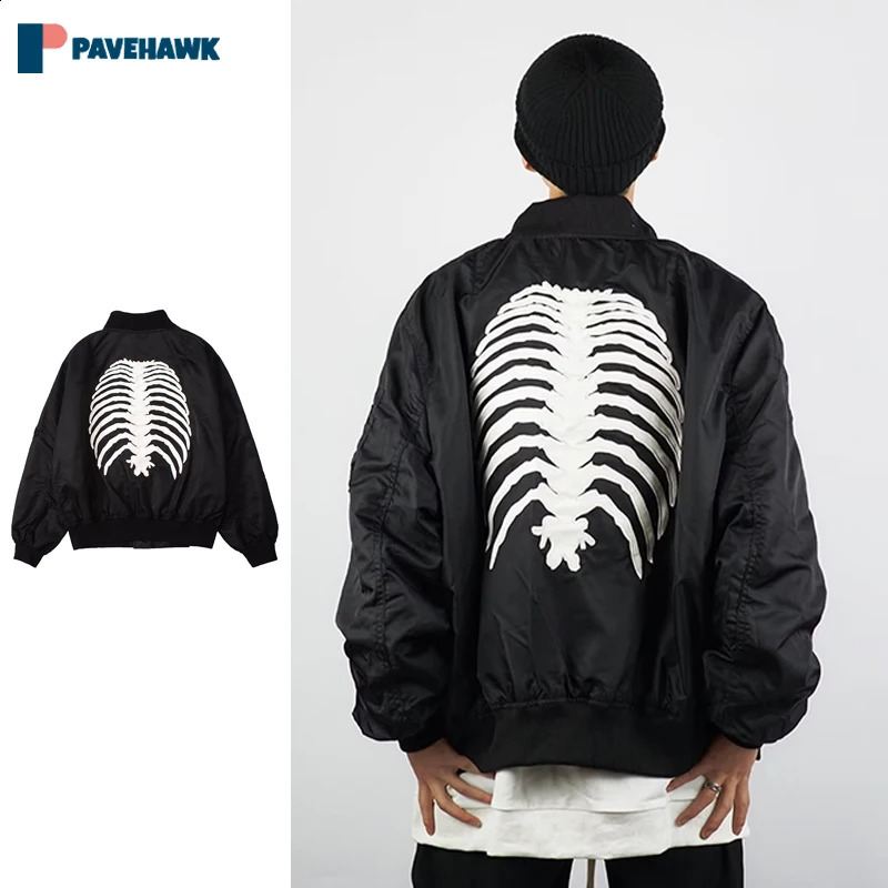 Retro bomber jacket mens black Gothic skeleton embroidered Harajuku baseball college jacket American autumn coat 240815