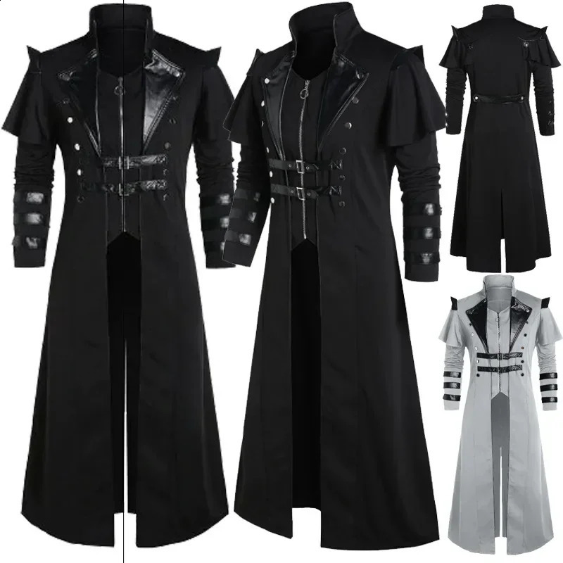 Retro Halloween Medieval Steampunk Elf Pirate Costume Adult Black Long Split Jacket Gothic Armor Leather Jacket 240816