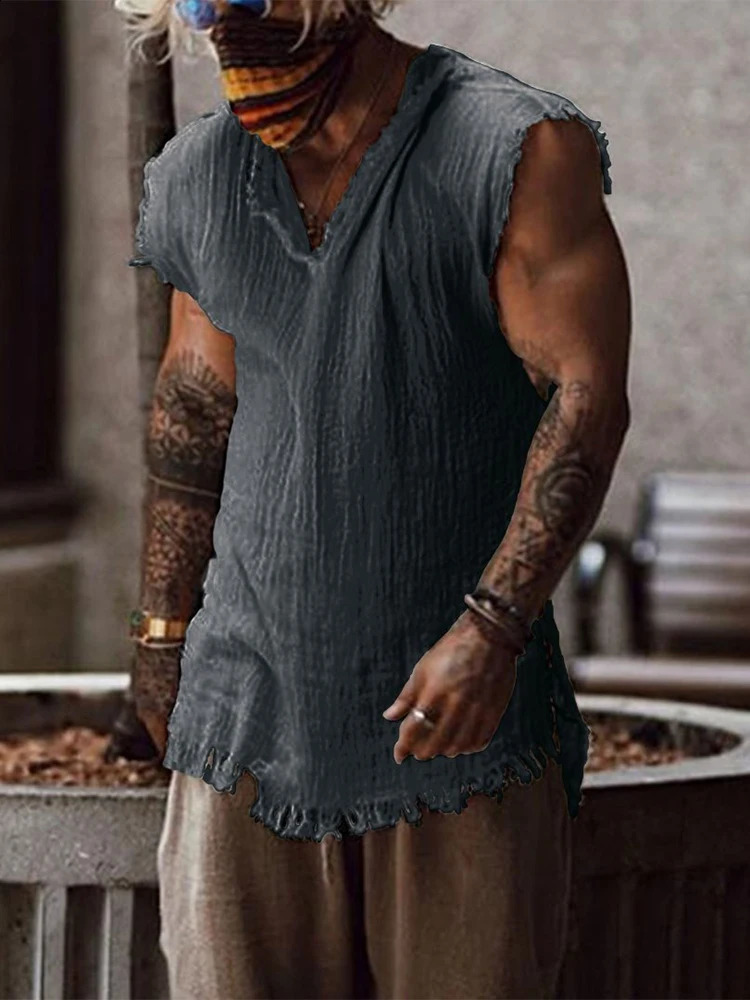 Retro tassel T-shirt mens sleeveless V-neck loose vest summer latest mens fashion vest 240816