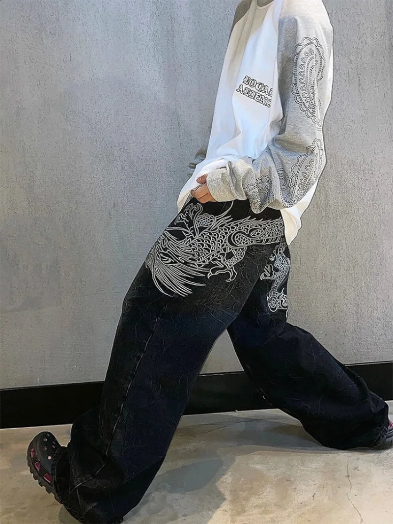 Dragon Pattern High Wide Lig Le jambe pour hommes et femmes Pantalons de tuymbérection de la rue Fashion Y2K HARAJUKU STOIGHT HIP-HOP Pantalon 24