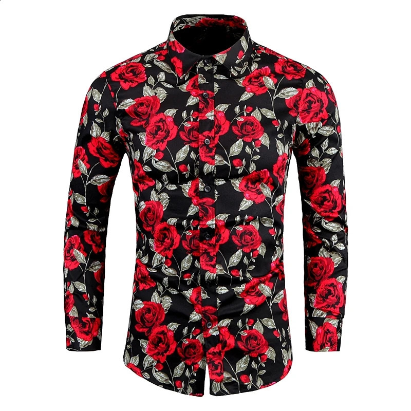 Rose Floral Shirt Hawaiian Shirts Men Clothing Long Sleeve Print Shirts Slim Fit Casual Male Shirt Camisa Masculina 240816