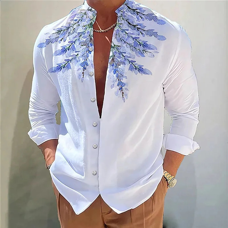 mens shirt 3D printed casual daily outdoor street standing collar long sleeved shirt fashionable and comfortable 240816