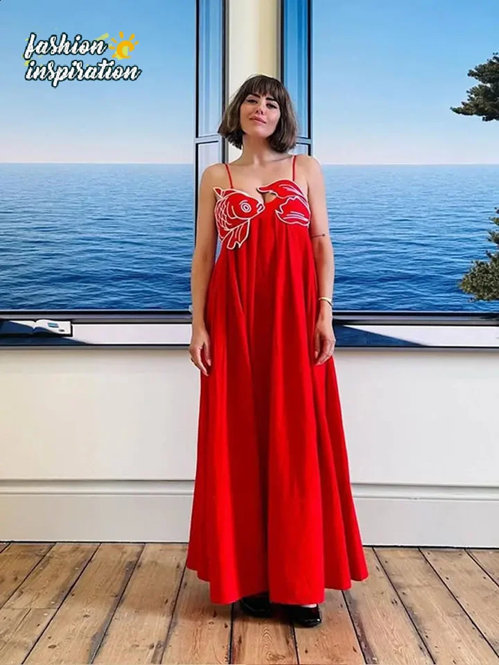 2024 Chic Koi Fish Print Spaghetti Strap Dress For Ladies Sexy Backless Sleeveless Red Swing Dresse High Street Robes 240816