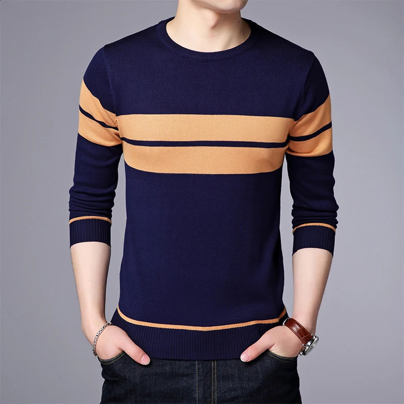 Mens Casual Striped Knit Spring and Autumn Long Sleeved Pullover Fashion Top 240816