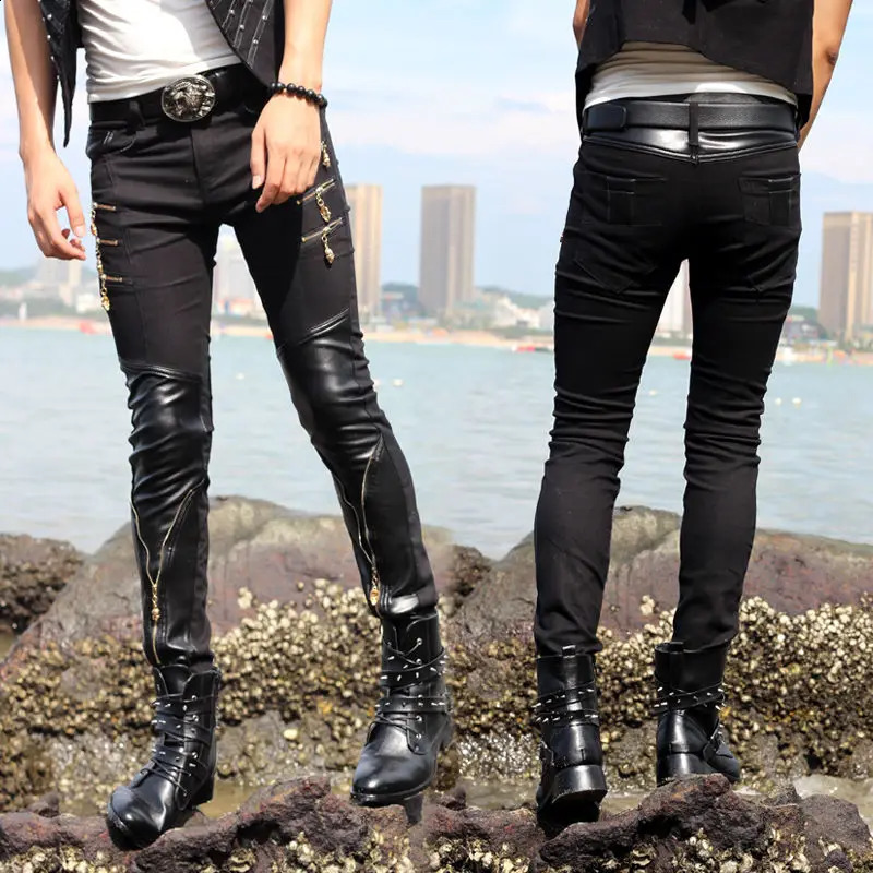 Idopy Fashion Mens Casual Artificial Leather Pants Cotton Splicing Zipper Black Punk Slimming Party PU Mens Trousers 240816