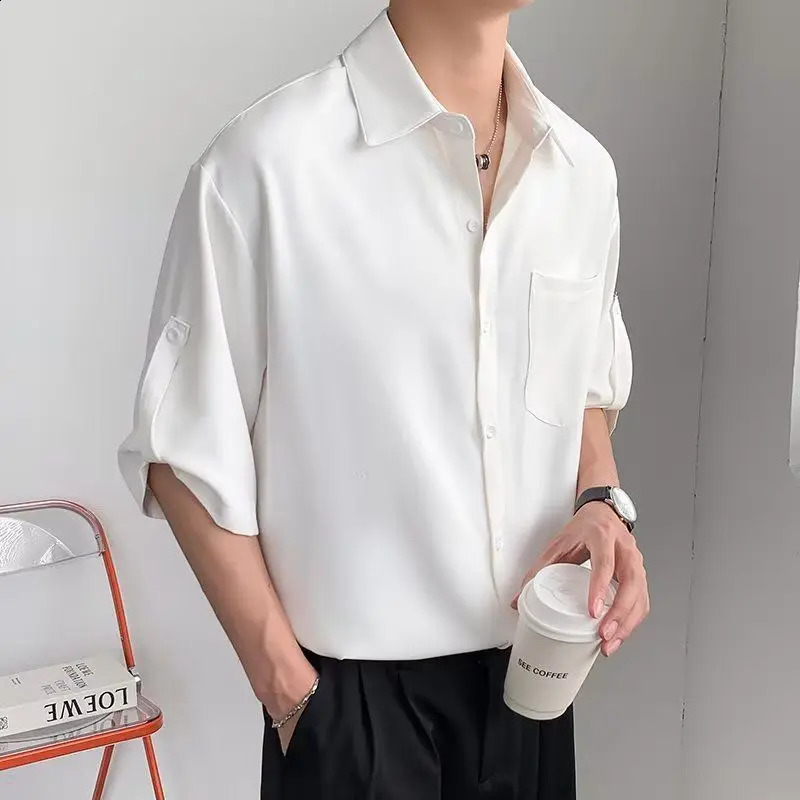 Solid Color Ice Silk Shirts for Men Short Sleeve Summer Drape Lapel Button Korean Loose Business Casual Top High-end White Shirt 240816