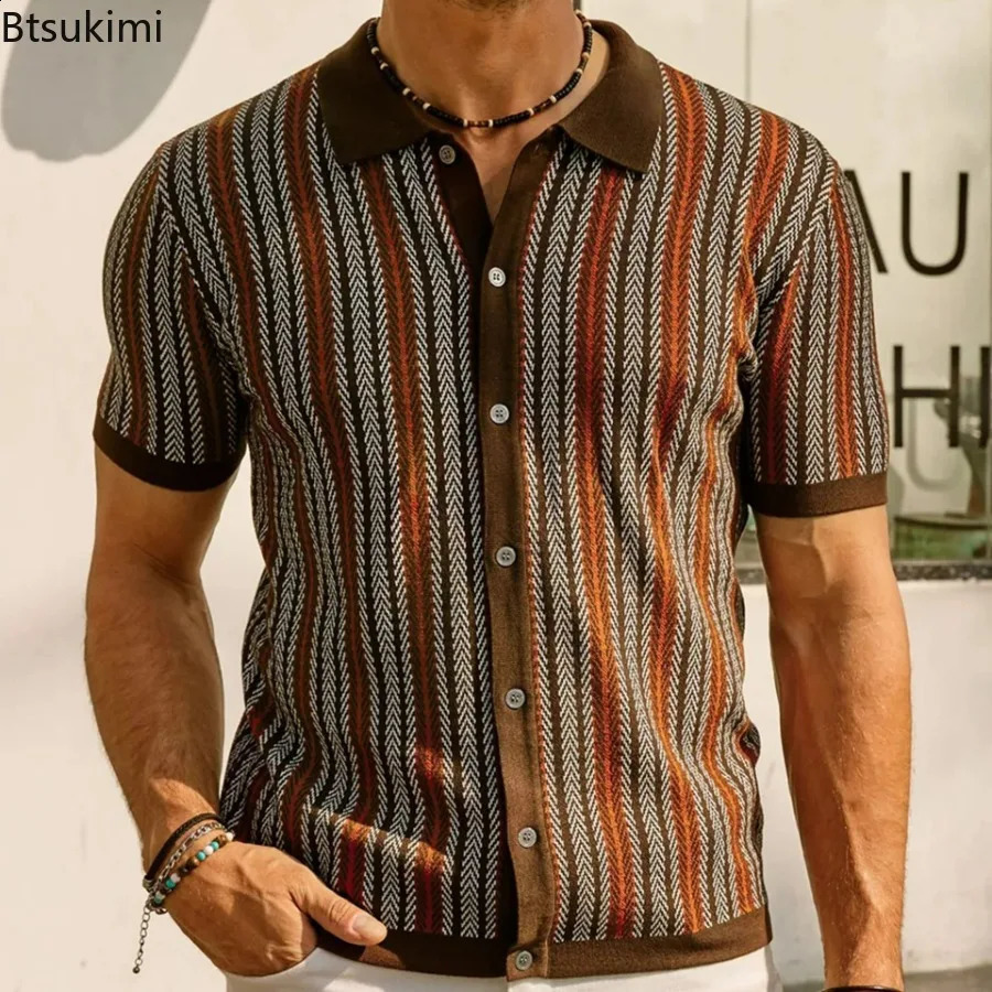 Mens summer casual striped shirt knitted retro British breathable patch work short sleeved jacquard business polo shirt 240816